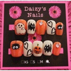 Large Size Halloween Cute Orange Press-on Nail Set Handmade Square 1.5 Cm Length